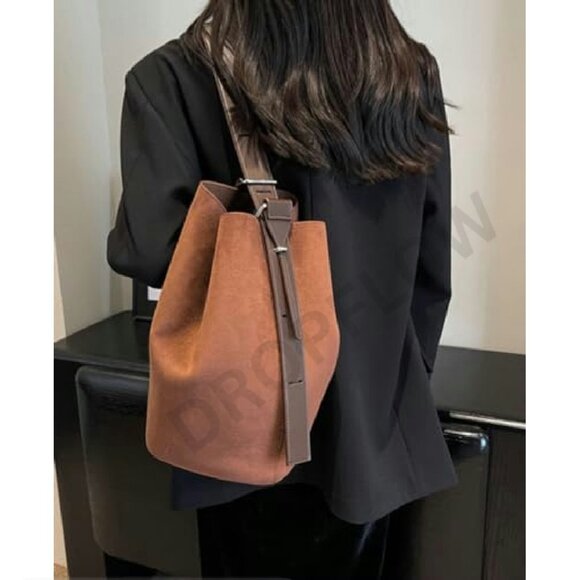 Vegan Leather Suede Bucket Hobo Tote Y2K Chic Casual Shoulder Bag - Picture 4 of 8